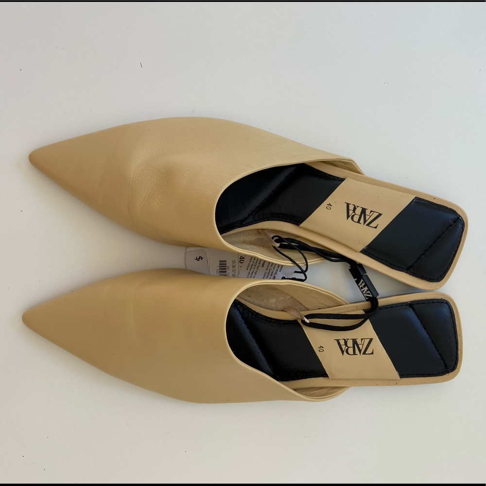 Zara beige leather pointed toe mules brand new